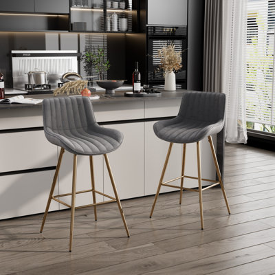 Set of Bar Stools, Velvet Upholstered Fabric Counter Stool With Solid Metal Frame and Velvet Low Back Armless