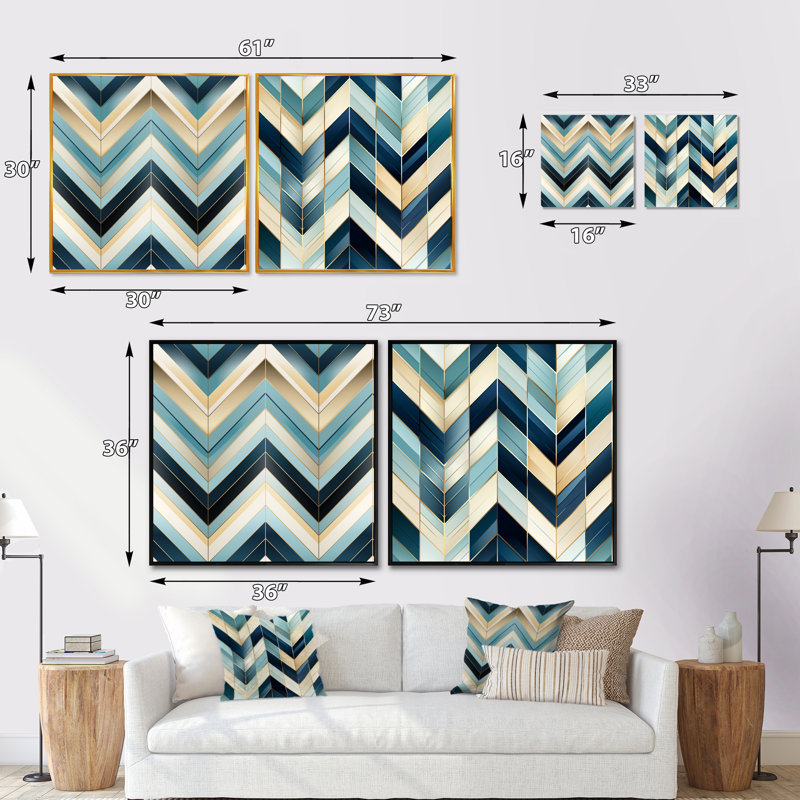 Carrelage bleu et blanc à motif de chevrons - formes abstraites, ensemble de collage carré, Cadre flottant noir
