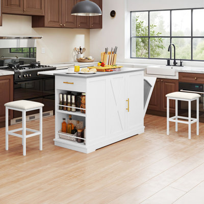 Rolling Kitchen Island Set With Trash Can, Stainless Steel Countertop, Drop Leaf, 2 Bar Stools by Gracie Oaks