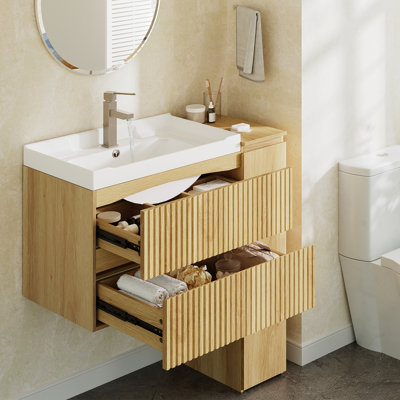 31.5" Single Bathroom Vanity With Ceramic Sink, Wall Mounted Floating Storage Cabinet with 2 Soft-Close Drawers and 3-Tier Pull-Out Shelf