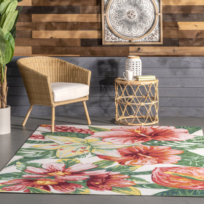 Tapis intérieur / extérieur à motif floral vert / rose Perao