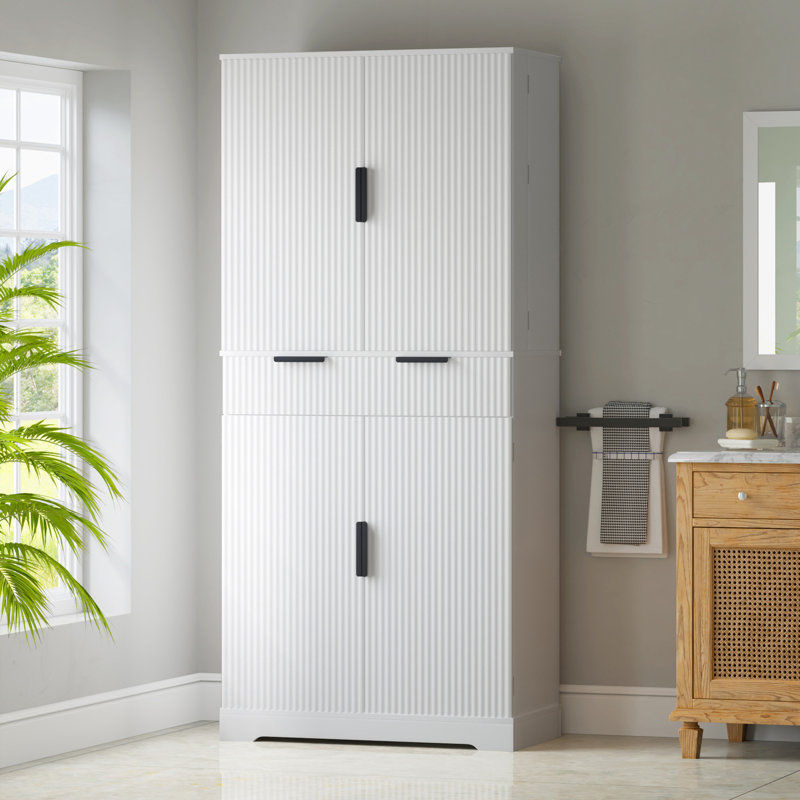 72 Inch Fluted Kitchen Pantry Cabinet with 3 Keyboard Drawers, 6 Adjustable Door Shelves, and Built-in Spice Racks, Freestanding Storage for Bathroom, Dining Room, Office, and Entryway