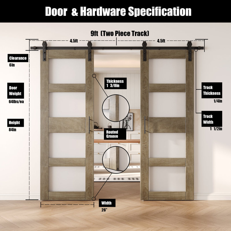 Portes de grange non assemblées et finies en verre à 4 verres de 26 po x 84 po Homacer Classic, 26" X 84"
