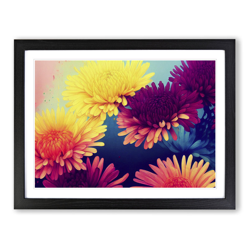 Majestic Chrysanthemum Flowers - Single Picture Frame Painting, Black, 46cm H x 64cm W x 2cm D