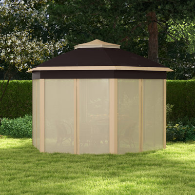 Abri de jardin escamotable, abri à baldaquin hexagonal avec filet en filet à 6 fermetures à glissière, tente d'événement avec cadre en acier robuste pour patio, jardin, mariage, fête