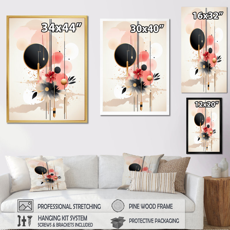 Art mural rétro sur toile de fleurs bohème rétro - autres plantes et fleurs, H 32 po x l 16 po x P 1 po, Cadre photo noir