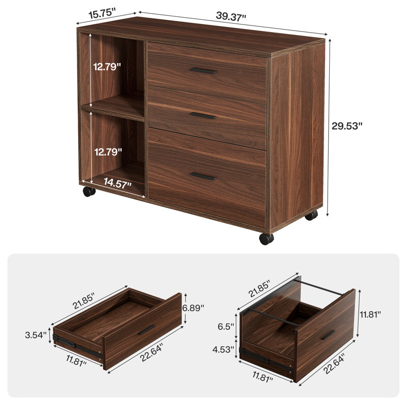 Classeur latéral mobile avec tiroirs et tablettes, armoire de rangement à roulettes, brun, Marron foncé