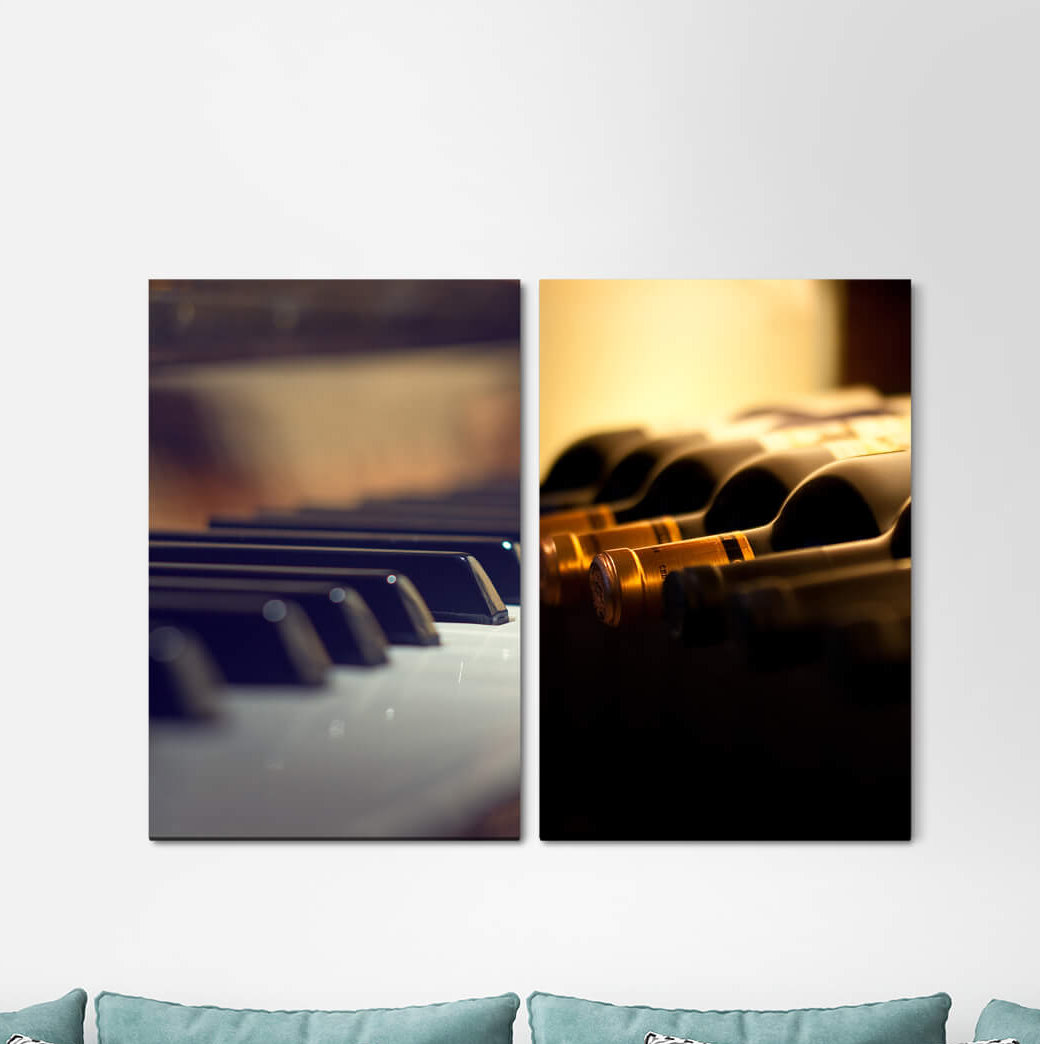 2-tlg. Leinwandbilder-Set - Grafikdruck „Piano Keys Wine Bottlesred Wine Music”