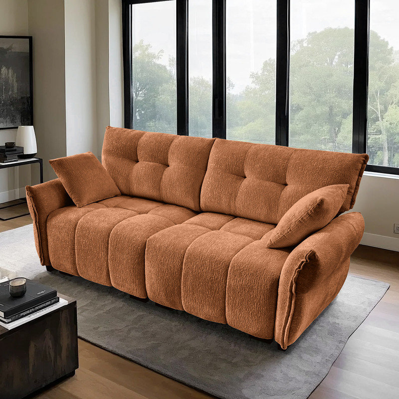 Canapé moderne en chenille avec design capitonné et coussins décoratifs, Orange