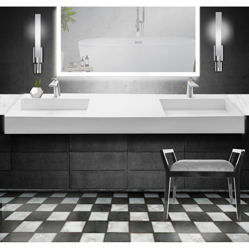 Juniper 72" Wall Mounted Solid Surface Floating Bathroom Sink with Concealed Drain, White, No Hole