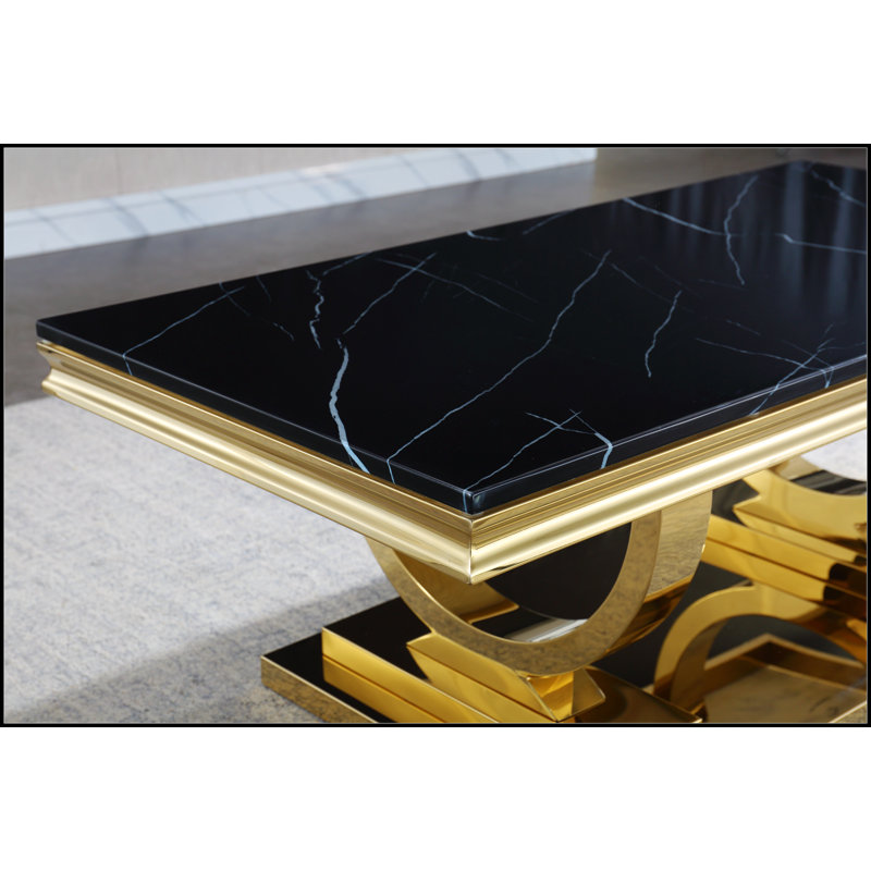 Modern Rectangular Black Marble Coffee Table with Gold Stainless Steel Base