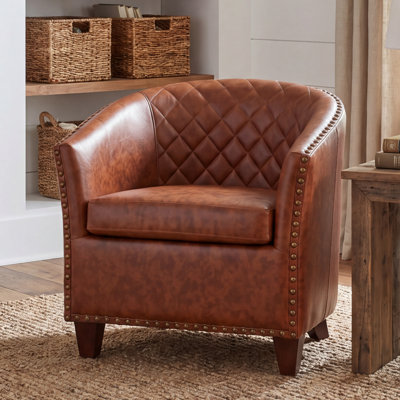 Modern Leather Barrel Accent Chair with Diamond Tufted Back and Nailhead Trim
