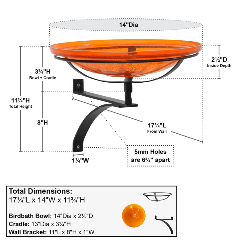 Mandarin Orange Crackle Glass Birdbath with Wrought Iron Wall Bracket