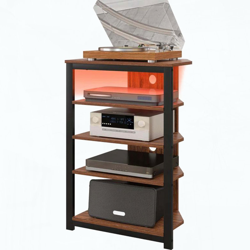 Meuble télé à DEL, centre de divertissement avec tablettes de rangement et structure en acier, brun
