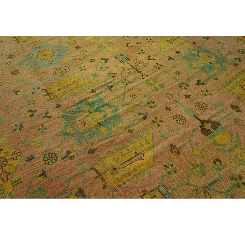 Gorgeous Oversized Coral Filed With Seafoam Green Antique Turkish Oushak Rug