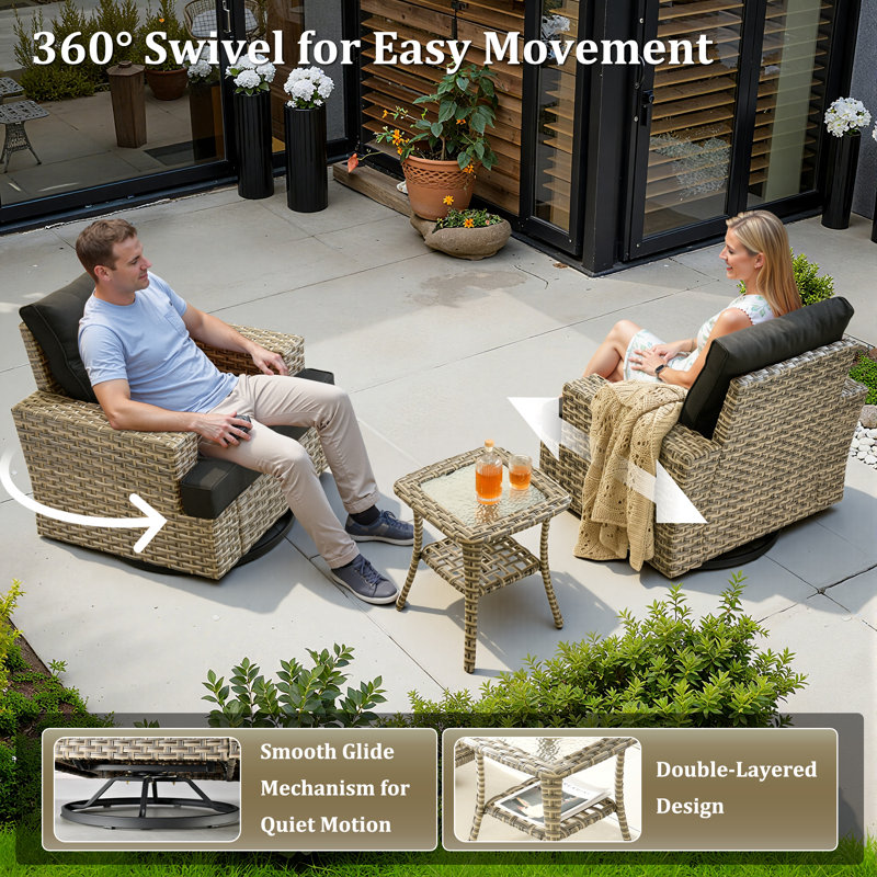 Carolle Outdoor Swivel Rocking Chair Set With Side Table, Wicker Patio Lounge Chair With Cushions & Wide Armrests, Black