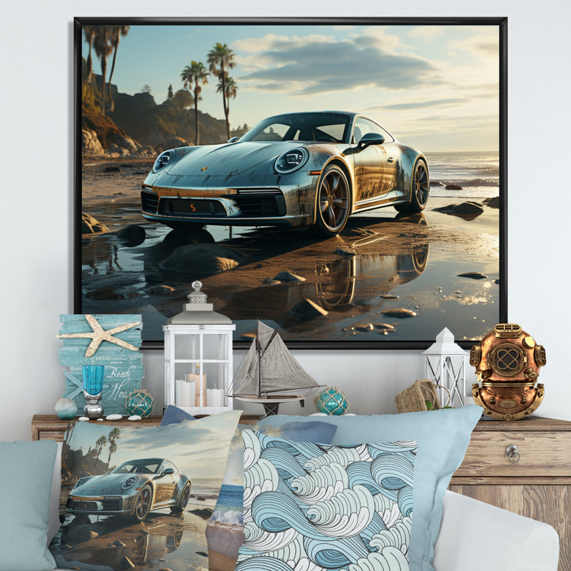 «German Car Beach Phtotography II», reproduction sur toile, H 16 po x l 32 po x P 1 po, Cadre flottant noir
