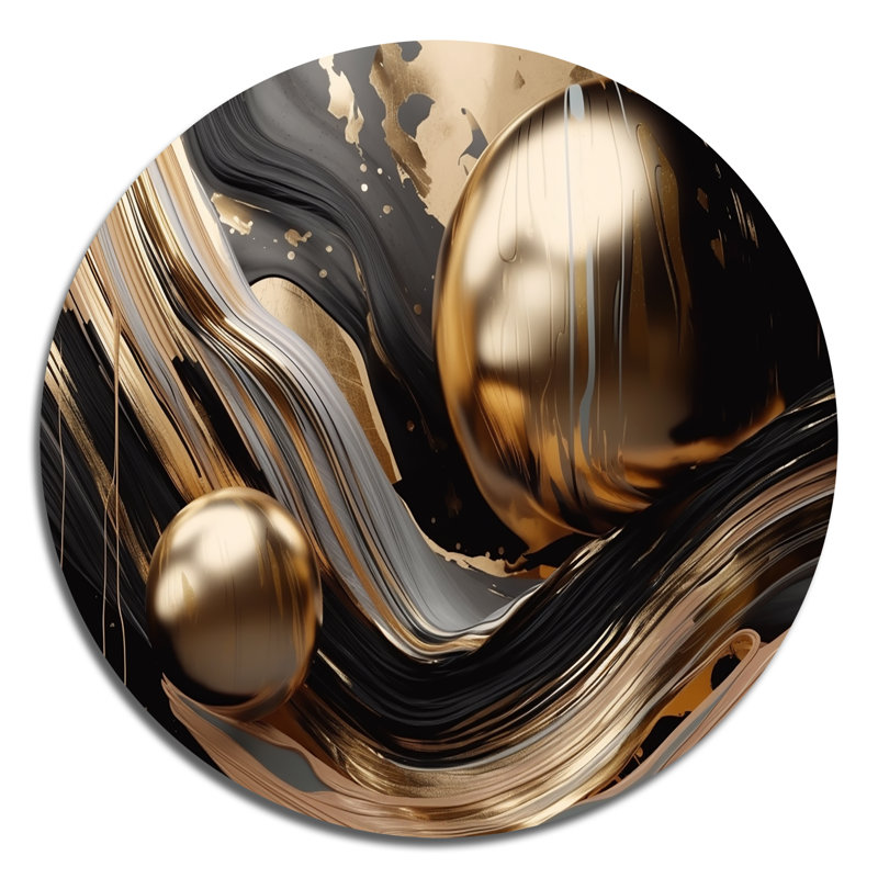 Marbre captivant doré et noir I - art abstrait rond en métal marbré, H 36 po x l 36 po x P 1 po