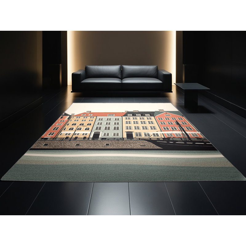 Tapis beige à motif de blocs scandinaves lavables à la machine Pelico Copenhagen Nyhavn Harbor, 4 x 2