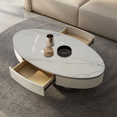 Table basse ovale en acier inoxydable et bois fritté noir crème