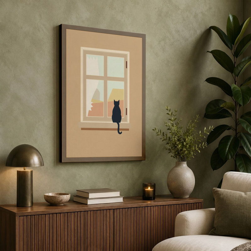 Cat at the Window Minimalist - Wrapped Canvas, 18x12 - 45.7 x 30.5 cm, Teal Border