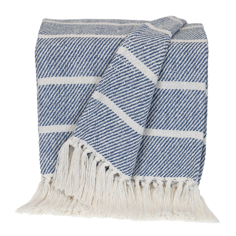 Jeté rayé en coton tissé bleu