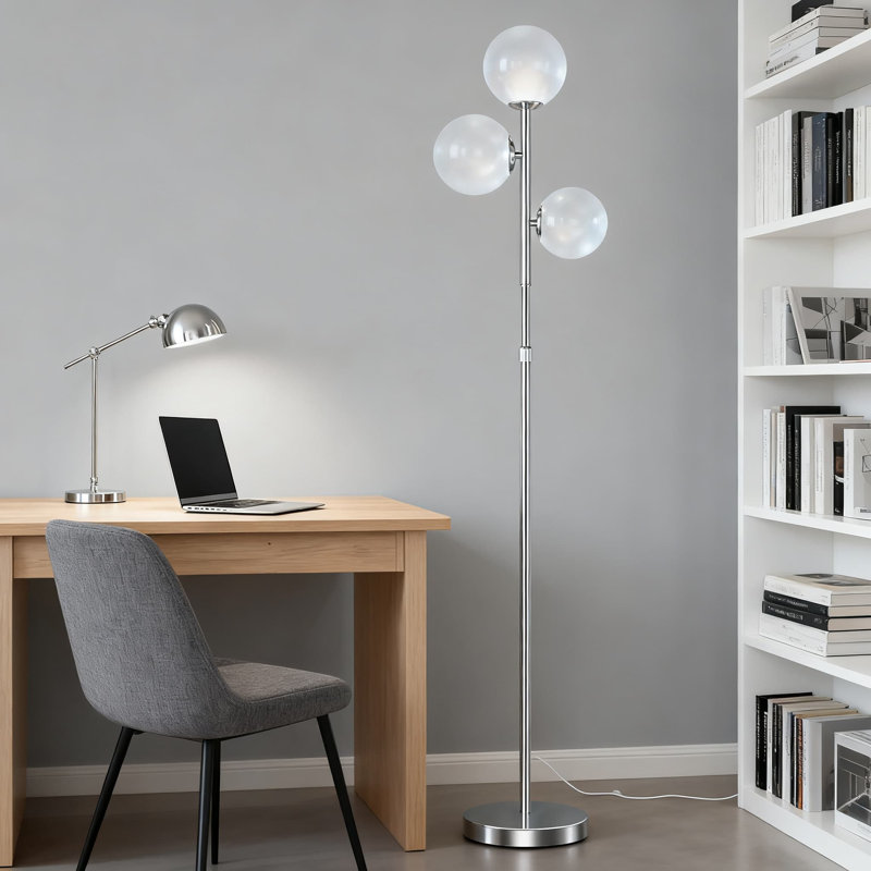 Mid Century Modern Floor Lamp With 3 Frosted Glass Globes, Adjustable Height 55-67 Inch Standing Lamp For Living Room, Bedroom, Office, Includes G9 LED Bulbs And Foot Switch
