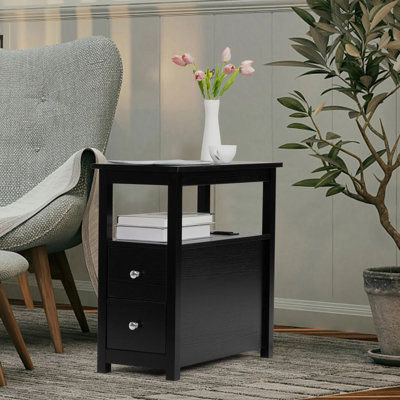 Table de chevet transitionnelle en bois rustique avec charge USB (2 ports + 2 prises) - Table de bout à 2 tiroirs avec tablette ouverte, table de chevet robuste en MDF pour la chambre à coucher / salon, noir