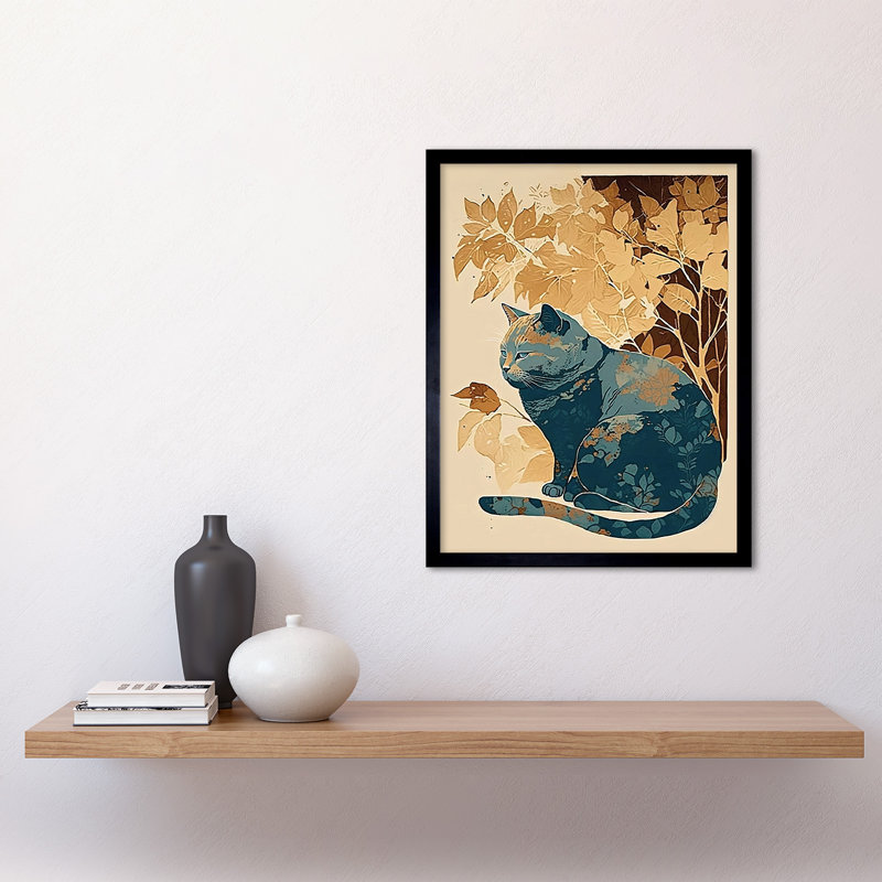 Cat By Countryside Shrub Bush In Autumn Modern Linocut - Single Picture Frame Print