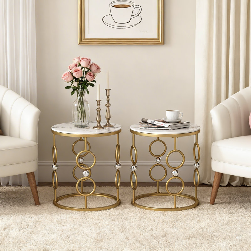 Ensemble de 2 tables d'appoint, table de bout de salon avec plateau en marbre et structure en métal