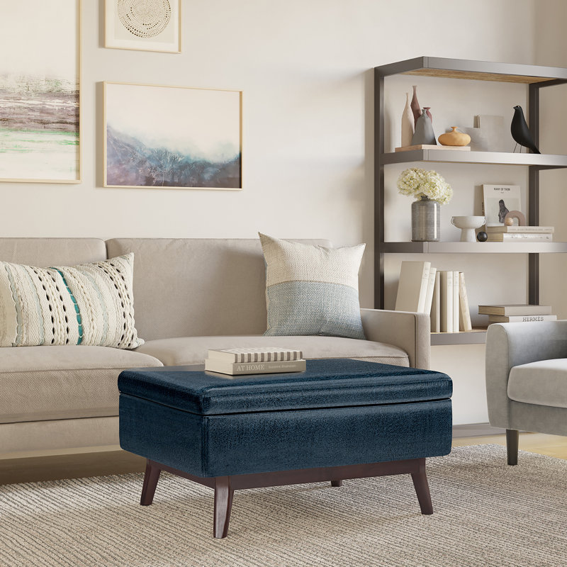 Owen 34"W Upholstered Vegan Leather Mid-Century Modern Rectangular Lift-Top Ottoman with Tapered Legs