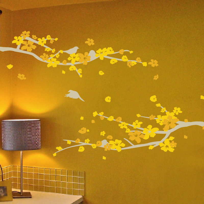 Décalcomanie murale petites fleurs de cerisier, 34" H x 41" lx 0.01" D, Brun / jaune