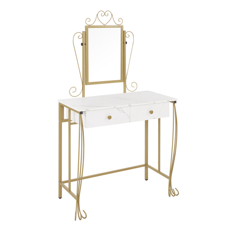 Elegant White and Gold Vanity Table Set with Bench