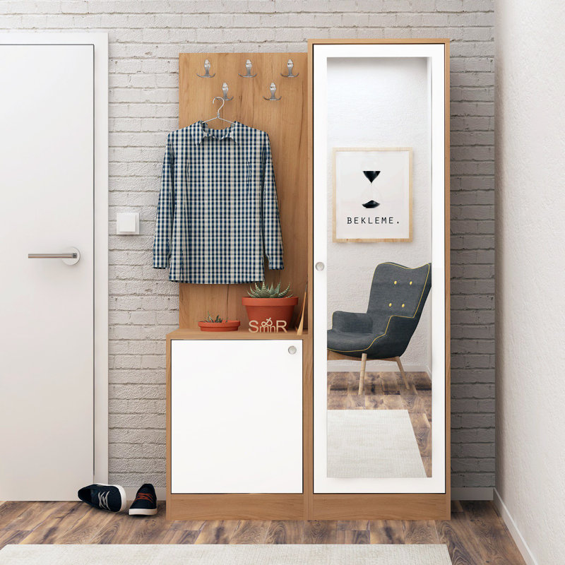 Modern Hall Stand with Mirror, Oak & White, 39.4 x 70.9 x 13.8 inches | 100% Melamine Coated Particle Board, Thickness: 0.7 inches | Wall-Mountable, Numerous Shelves, Perfect for Entryway Organization & Style