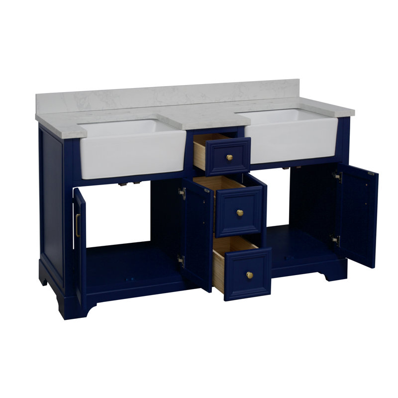 Ensemble de meuble-lavabo double 60 po Emiliano, Bleu royal, Carrare d'ingénierie