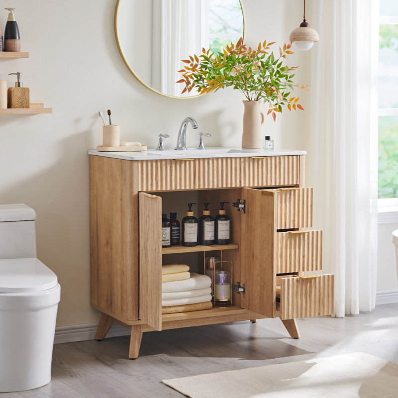 36" Freestanding Bathroom Vanity With Ceramic Sink, Natural Oak