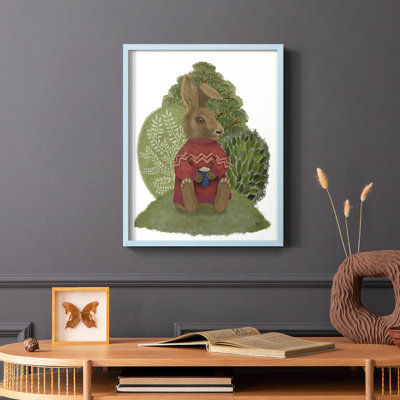 Lapin latte dans un chandail, reproduction encadrée - bois massif