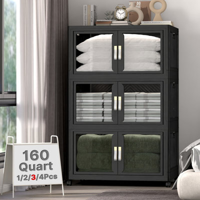 120 Gallon:  3-tier stackable storage unit, capacity 120 gallons (480 QT). Spacious interior holds various household, office and garage goods. Keep your space neat. 1 lid included per set; extra lids sold separately.