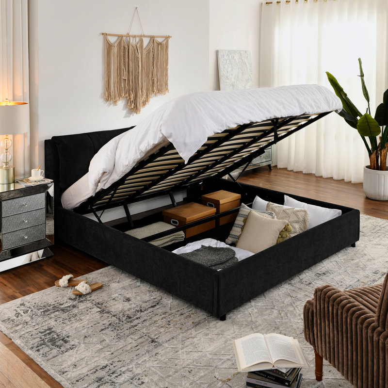 Très grand lit plateforme tapissier hydraulique avec tête de lit intégrée, tissu chenille, noir, Black, King