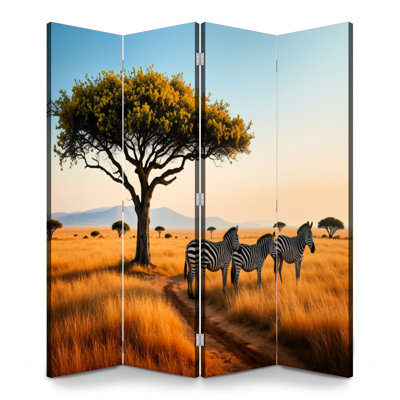 Cloison pliante 4 panneaux paravent paysage africain royal acacia zèbres coucher de soleil sur toile faune