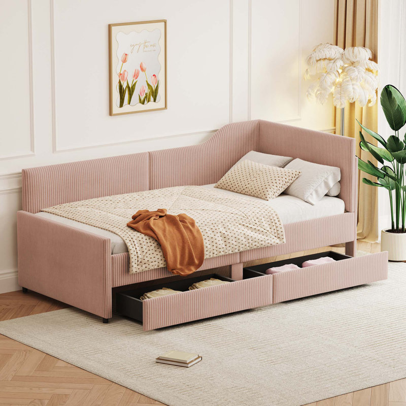 L-Shaped Upholstered Daybed With 2 Storage Drawers, Pink