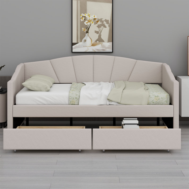 Lit de jour rembourré avec deux tiroirs, Beige