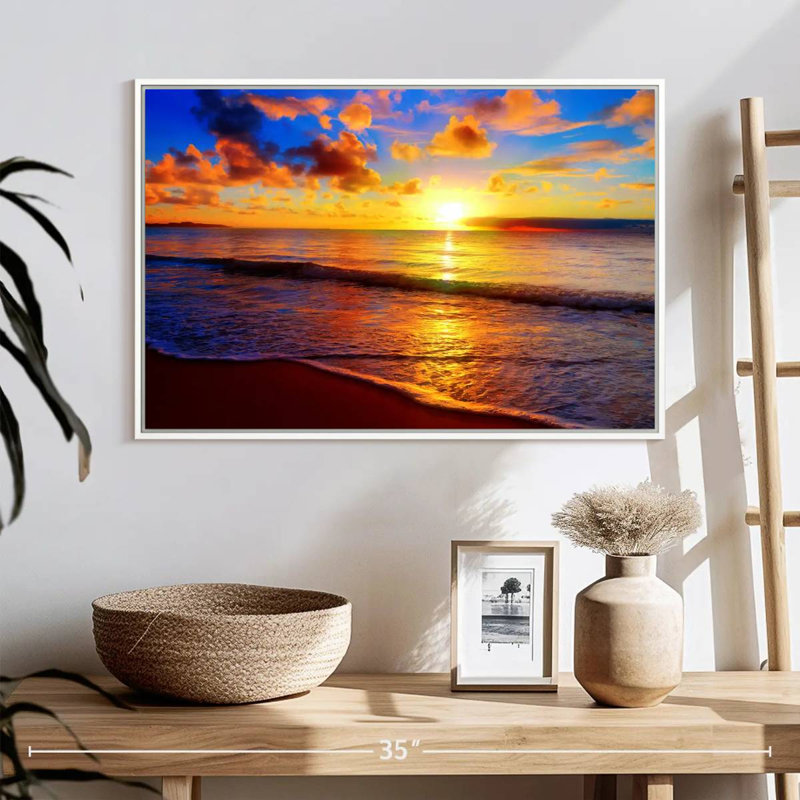 Coucher de soleil méditatif sur Aurelus, Cadre flottant blanc, H 29 po x l 43 po