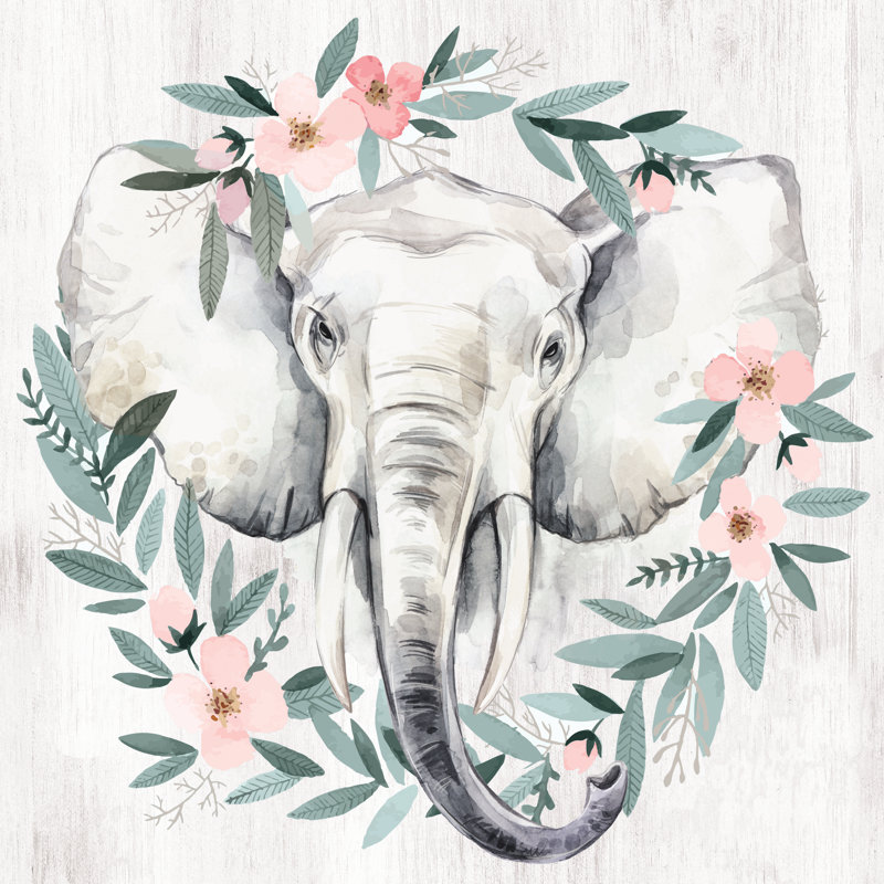Floral Wreath Elephant - Wrapped Canvas Painting, 91cm H x 91cm W x 3.8cm D