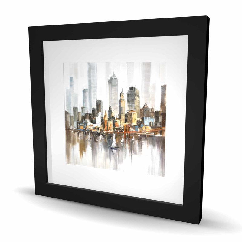 Paysage urbain avec voiliers - reproduction côtière grise encadrée