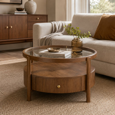 Solid Wood Round Glass Top Coffee Table with Storage Drawer, 2-Tier Mid Century Modern Walnut Center Table for Living Room