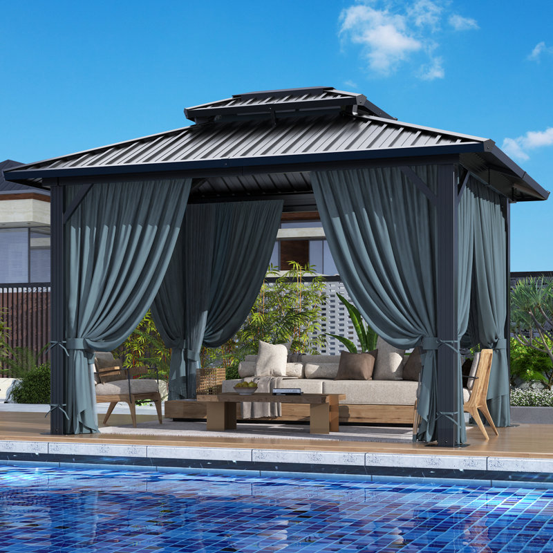 Pavillon de jardin robuste 12 po x 10 pi avec toit double en acier galvanisé, Noir, noir, noir, noir, Noir