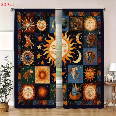 2 Pack Celestial Sun Moon and Animal Pattern Window Curtains Decorative Bohemian Style Fabric Drapes for Living Room Bedroom Aesthetic Celestial Home Decor Window Treatments Set