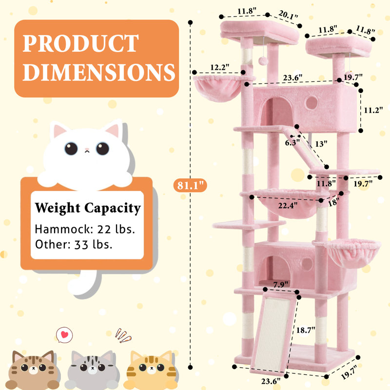 Arbre à chat 81 po avec poteaux à griffer en sisal, perchoirs, condos, paniers et hamac, Rose