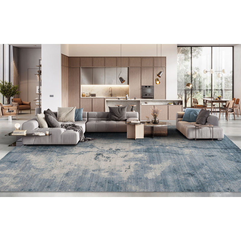 Leonardo Hand Knotted Wool Abstract Area Rug in Blue, Rectangle 9' x 12'